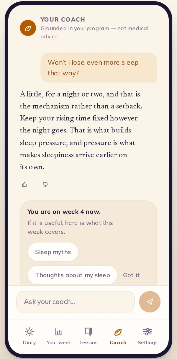 Small Hours coach answering a question about sleep restriction