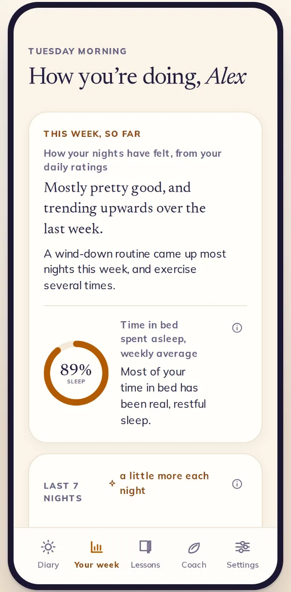 Small Hours 'Your week' screen showing 89% of time in bed spent asleep